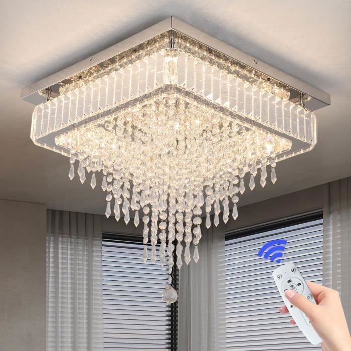 Lustre LED carré en cristal K9 45 cm – Plafonnier design pour salon et salle à manger – Dimmable à intensité réglable