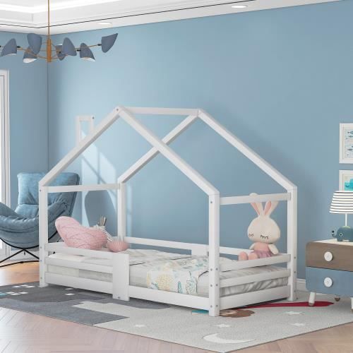 lit d'enfant lit familial avec  cadre à lattes solide, bois de pin lit familial pour enfants 90 x 200 cm sans matelas blanc