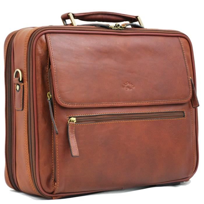 Porte-documents Ordinateur Portable En Cuir Véritable Marron - Sac à Bandoulière Vintage Fait Main - Taille Large