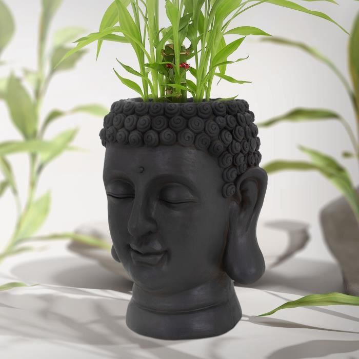 ML-Design Pot de Plantes/Fleurs Tête de Bouddha, 23x23x44 cm, Anthracite, Résine, Intérieur/Extérieur, Statue Massif, Grand Buste Sc