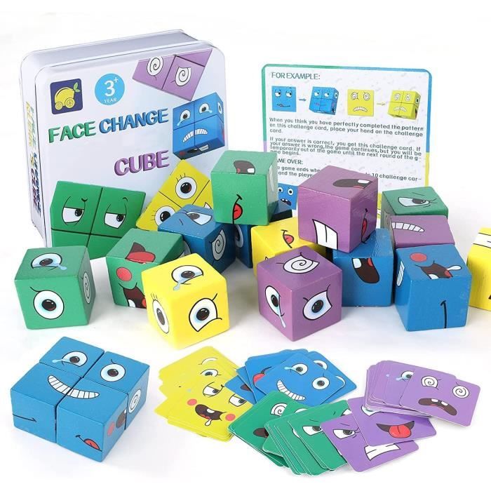Puzzle En Bois Emojis TYFYH - Cube Construction Visages Changeants Avec Sonnette