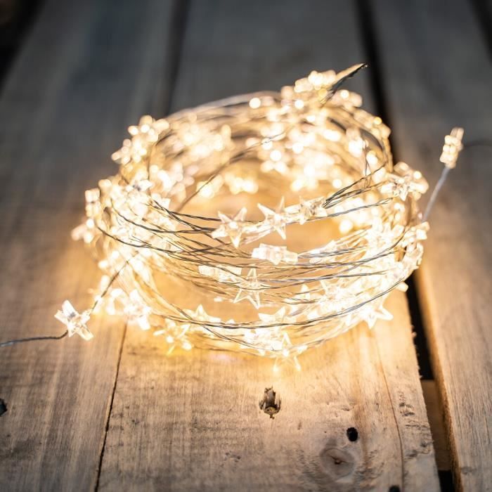Guirlande Lumineuse étoiles 20 LED – Longueur 3m, Blanc Chaud, étanche IP44, Pile AA, Pour Intérieur Et Extérieur