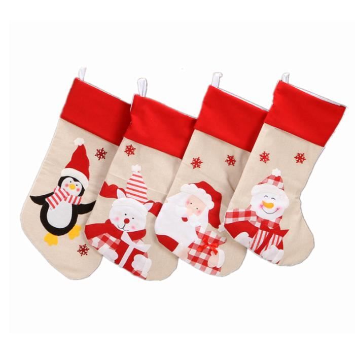 4 Chaussettes De Noël Suspendues - Motifs 3D (Père Noël, Renne, Bonhomme De Neige) - 22 Cm, Lin épais - Décoration - 4