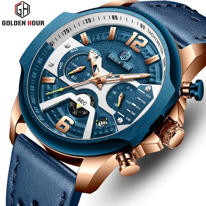 golden hour luxe montre homme - simulation chronographe quartz- cuir -étanche montre de sport-bleu