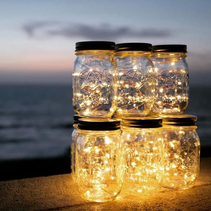 Guirlande lumineuse solaire 10 bocaux en verre micro LED blanc