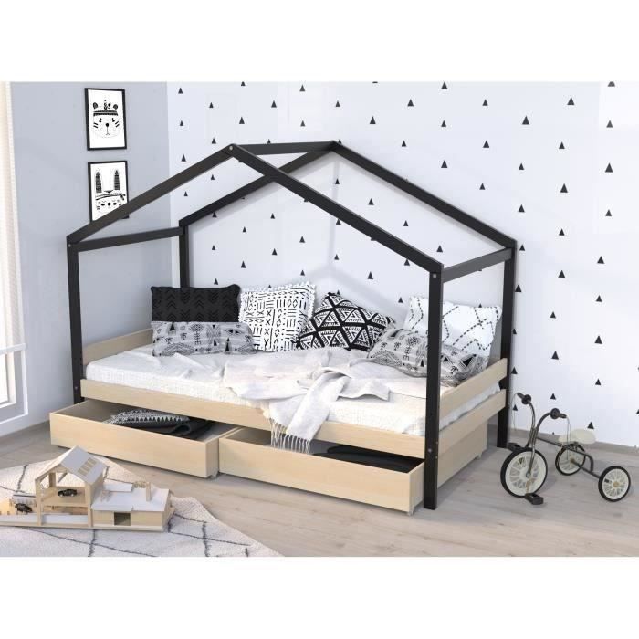 lit cabane enfant avec tiroirs - weber etoile - bois pin massif - naturel et noir