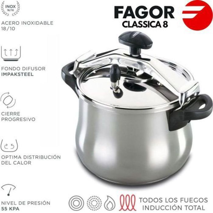 Autocuiseur à Étrier 8 L, Induction, Acier Inox. 18/10, 3 Systèmes de Sécurité FAGOR Clásica Bombe 8   Argent 800116