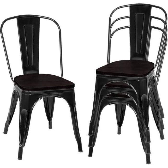 GIANTEX Lot 4 Chaises Salle à Manger Empilable- Cadre en Fer/Siège en Bois-Style Industriel-pour Bistrot/Salon-Charge 150kg-Noir GIANTEX Lot 4 Chaises Salle à Manger Empilable- Cadre en Fer/Siège en Bois-Style Industriel-pour Bistrot/Salon-Charge 150kg-Noir
