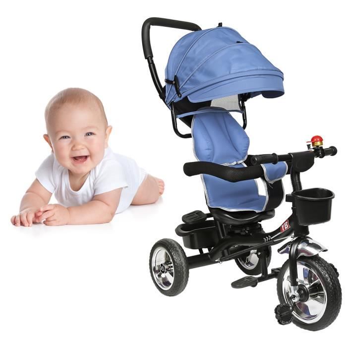 Tricycle 4-en-1 pliant pour bébé HUOLE avec auvent réglable et siège bleu marine