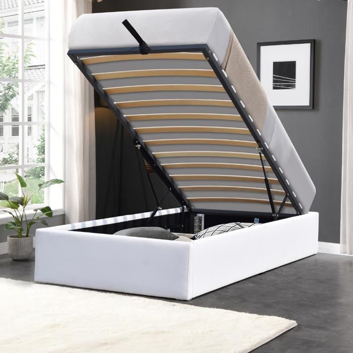 Lit Coffre - Loris - 90x200 cm - Blanc - Montage Rapide - 12 Lattes en MDF