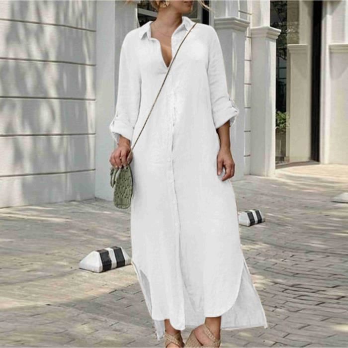Robe Femme Robe Longue Chemise Ample En Lin Boutonne Couleur Unie Demi Manches Blanc Blanc Cdiscount Pret a Porter
