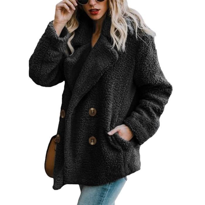 Parka femme a texture effet mouton fourrure fausse manteau col a revers Couleur unie simplicite blouson fourrure femme Noir noir Noir noir Cdiscount Pret a Porter