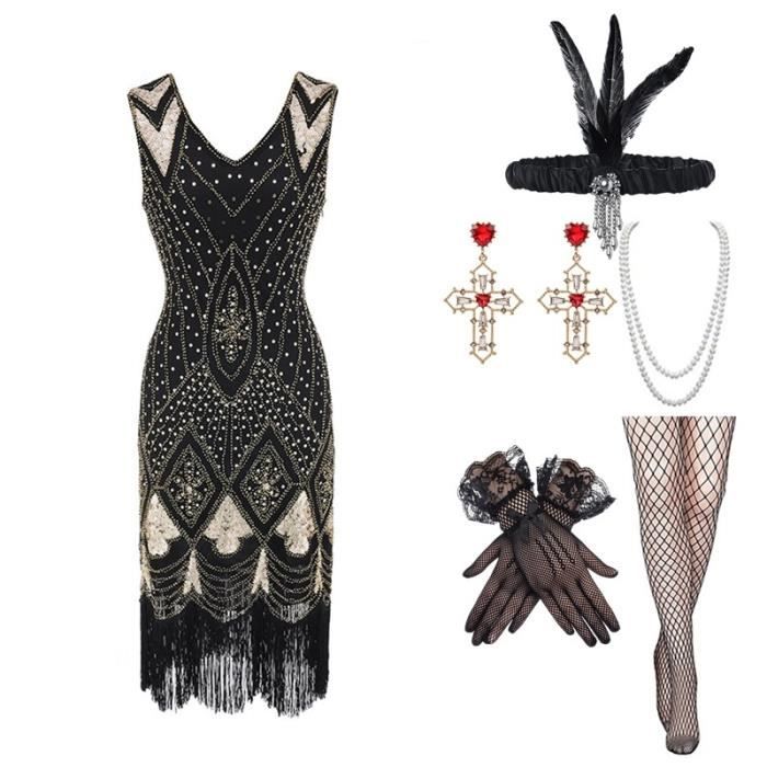 Lot De 6 Accessoires Style Années 1920 Gatsby - Bandeau, Gants, Collier, Bracelet, Boucles D'Oreilles - Pour Soirée Thème