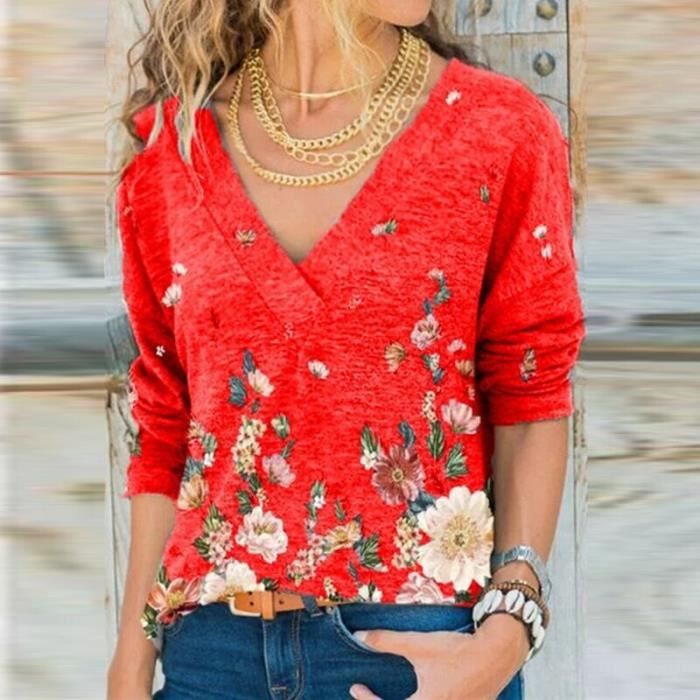 Beluring T-shirt à manches longues pour femme - Élégant - Col en V - Couleur unie, Blanc., M