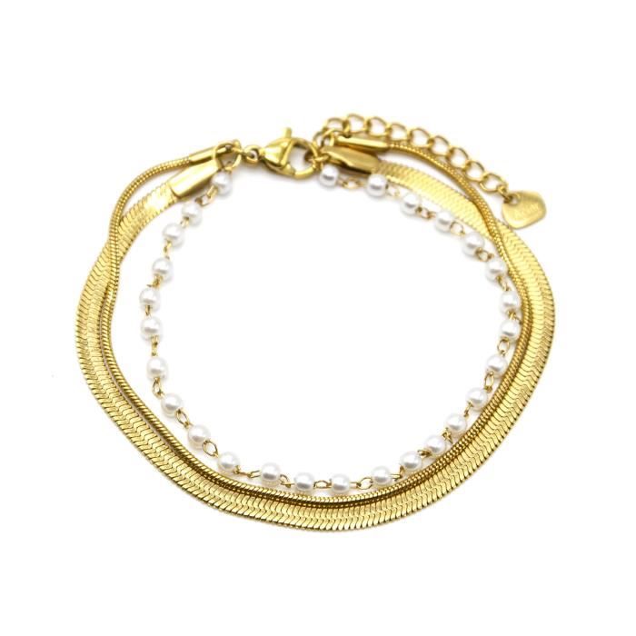 Bracelet Triple Chaînes Fines Perlées Argenté Pour Femme - Acier Inoxydable, Fermoir Mousqueton, Neuf Avec étiquettes