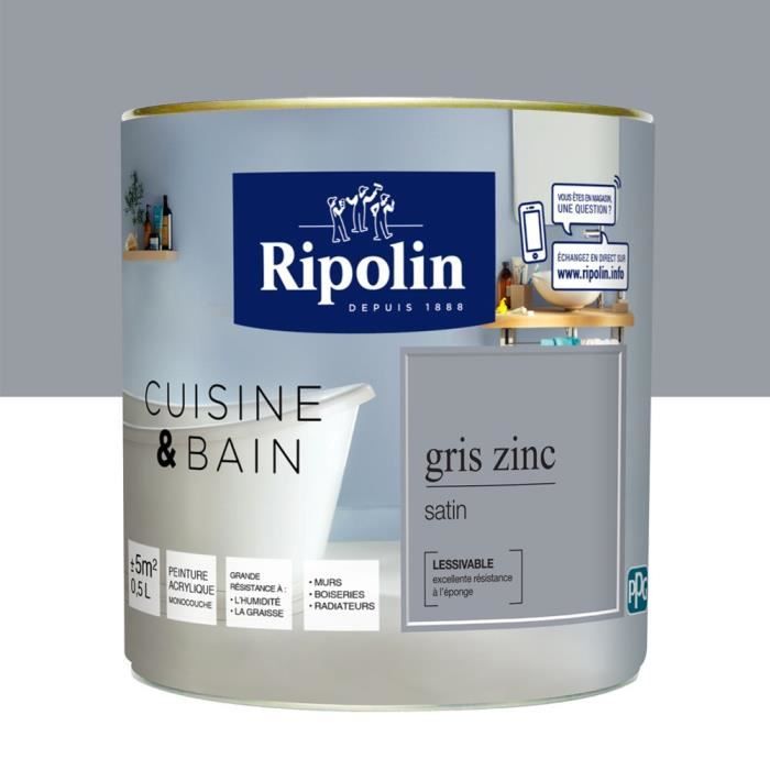 RIPOLIN Peinture Murale spéciale Cuisine & Bain - Gris Zinc Satin, 0,5L -  Achat / Vente peinture - vernis Peinture Gris Zinc satin 0,5 L - Cdiscount
