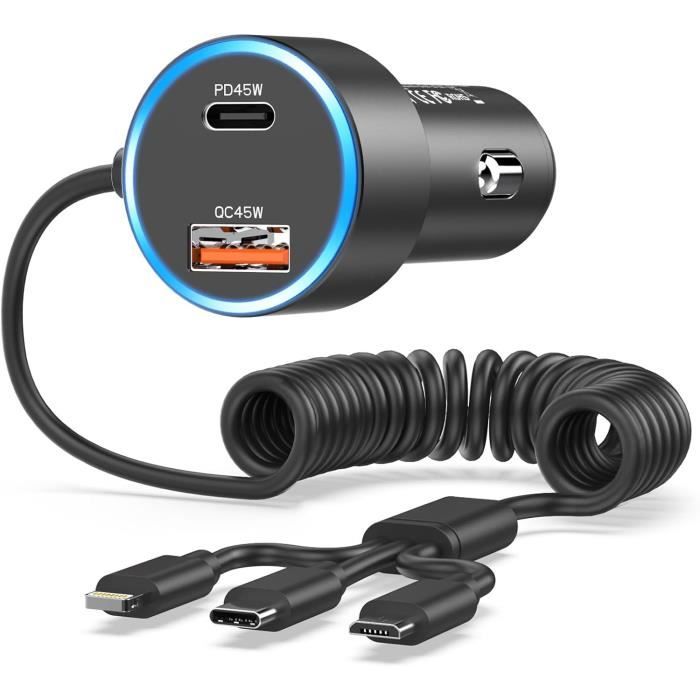 Chargeur Allume-cigare Voiture 5 En 1 VIVIDRISE – Ports USB, Type-C, PD, Lightning, Câbles Rétractables – Charge Rapide Et Sécurisée