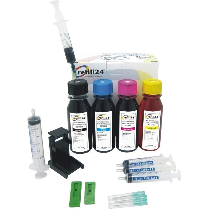 Kit Recharge Encre HP 62 XL – 4 X 100 Ml (Noir + Couleur) – 400 Ml Premium Avec Adaptateur & Instructions – Économique & Écologique