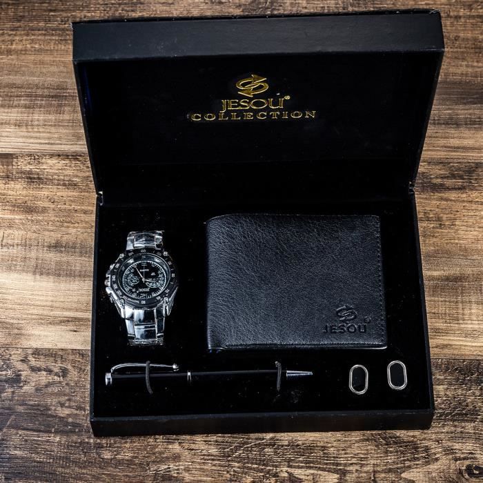 Coffret montre homme + portefeuille + stylo + boutons de manchette - ensemble de montres de marque de luxe 4 pièces