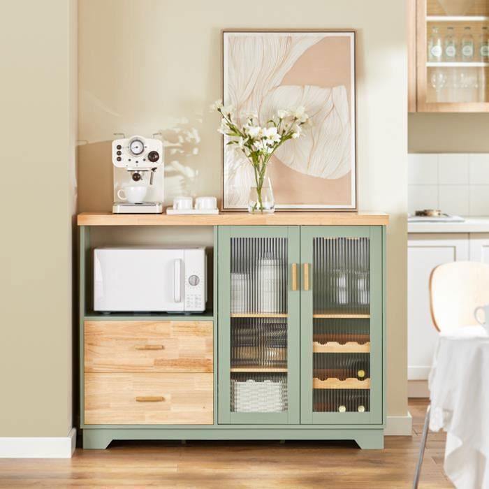 SoBuy Buffet Commode de Cuisine avec 2 Portes Vitrées 2 Tiroirs et Rangement Bouteilles 120x40x90cm Vert FSB81-GR
