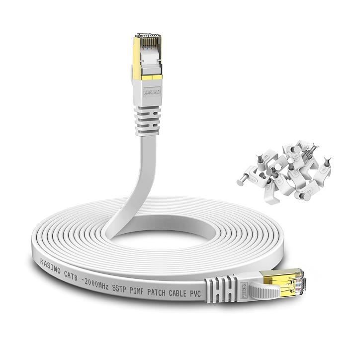 Câble Ethernet CAT 8 KASIMO - 40 Gbit/s, 2000 MHz - 0,5m Noir - Connecteurs Or - Pour Gaming, Réseau Pro