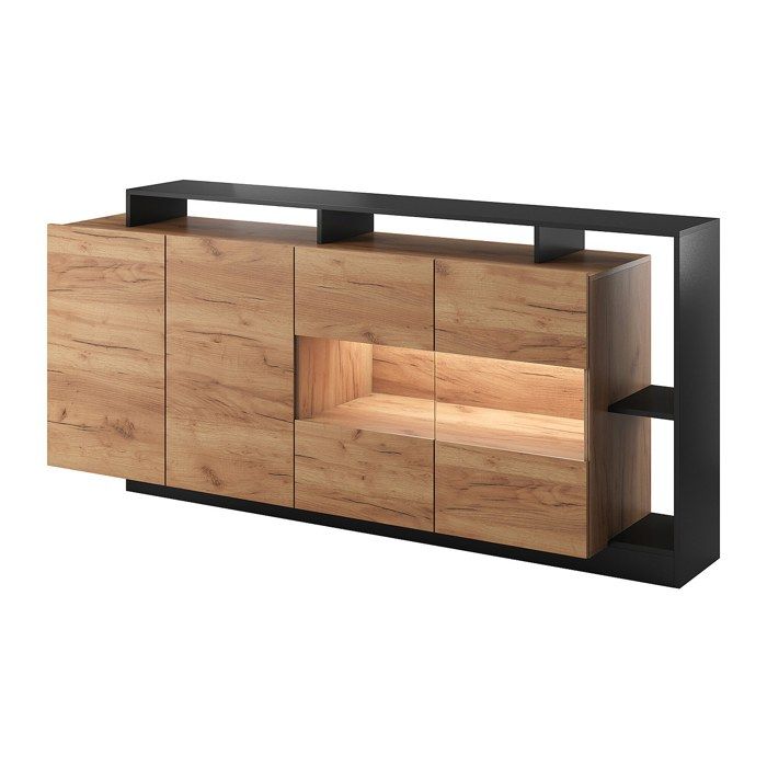 Buffet 4 portes et 4 niches avec LEDs - Naturel clair et Anthracite - IDESIA