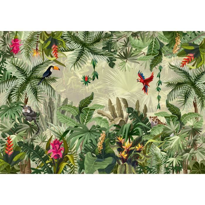 Papier Peint Intissé Jungle 3D 254x184 cm Oiseaux Perroquet Tropical Panoramique Photo Non Tissé Muraux Trompe l'oeil