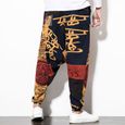 Sarouel Hommes en Coton Lin,Pantalon de Jogging Léger et Large Jambe,Imprimés Rétro Baggy Taille Élastique Pantalon Bloomers rouge B-1