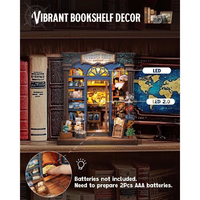 MiniCity - Kit de niche de livre, kit de maison de poupée miniature à faire soi-même, étagère de livre en bois 3D avec puzzle, décor de coin de livre avec lumière LED