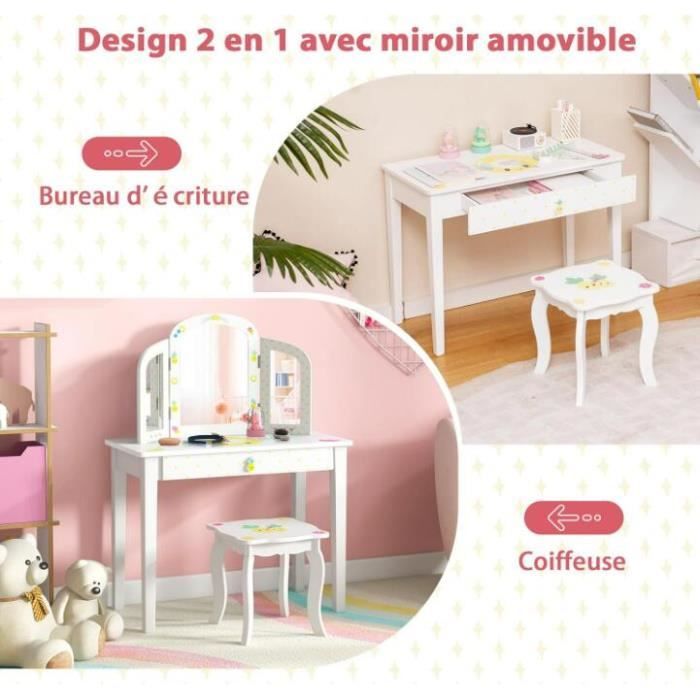 Coiffeuse 2 En 1 DREAMADE Pour Enfants 3-7 Ans - Table Maquillage Princesse Avec Miroir, Tabouret Et Plateau Amovible, Blanc Rose