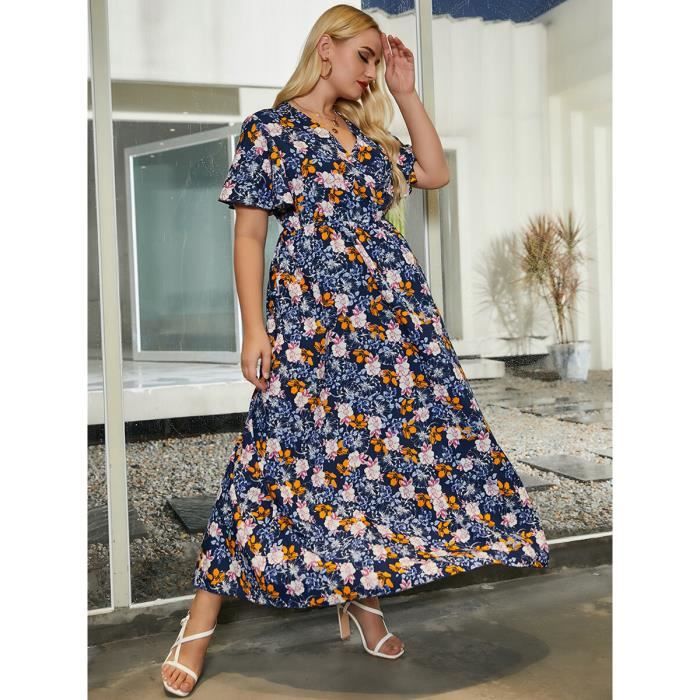 Robe longue a fleurs pour femmes grande taille col en V manches courtes imprime floral decontractee taille haute 1.5mmx19863m Blanc Cdiscount Pret a Porter