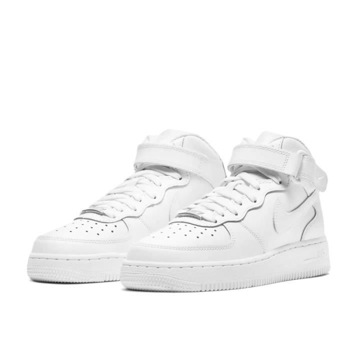 Basket Nike AIR FORCE MID GS Junior Blanc Cuir Lacets Enfant  Plat Mixte