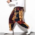 Sarouel Hommes en Coton Lin,Pantalon de Jogging Léger et Large Jambe,Imprimés Rétro Baggy Taille Élastique Pantalon Bloomers rouge B-2