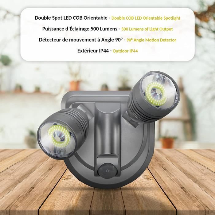 Double Spot LED COB Orientable Exterieur Sans Fil - Puissance 500 Lumens -  Detecteur de Mouvement Angle 90 - Bouton ON/OFF - IP44 - Fixation Incluse