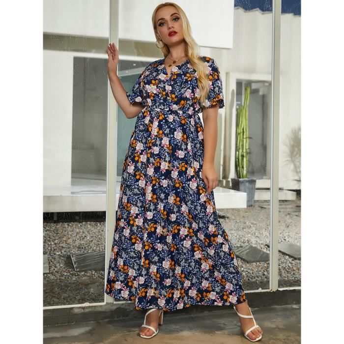 Robe longue a fleurs pour femmes grande taille col en V manches courtes imprime floral decontractee taille haute 1.5mmx19863m Blanc Cdiscount Pret a Porter