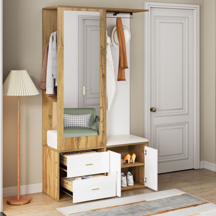 Meuble d'entrée - Modèle Compact - Miroir intégré - Banc avec coussin ...