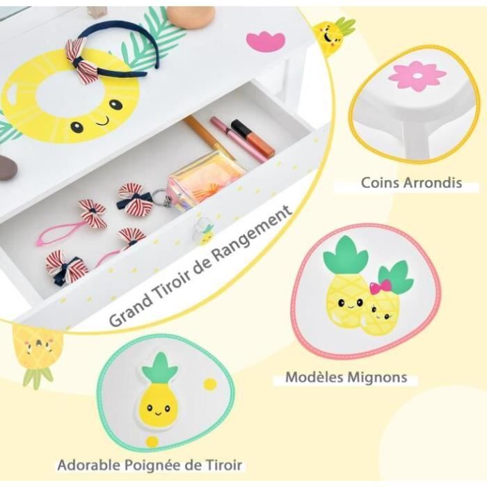 Coiffeuse 2 En 1 Enfants Avec Miroir Et Tabouret - Table De Maquillage Princesse En Bois Blanc Rose 3 à 7 Ans