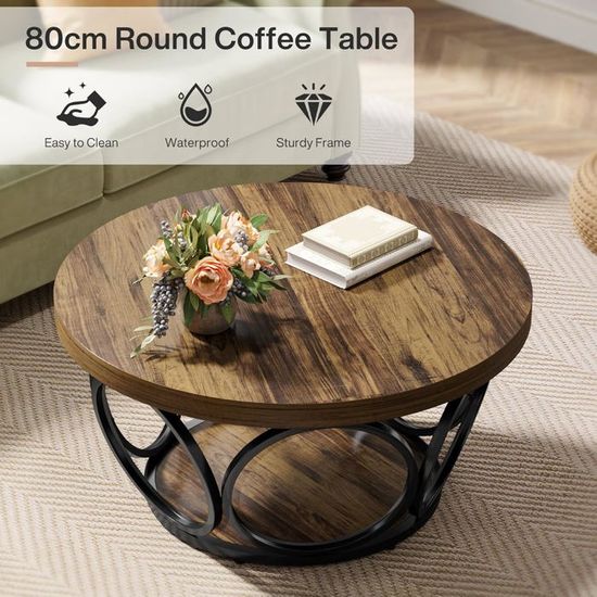 Table Basse Ronde Tribesigns 80 Cm En Bois - Design Moderne Avec Pied Tambour - Salon, Bureau, Couleur Marron - 12