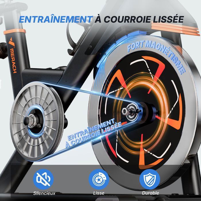 MERACH Vélo D'appartement Magnétique – Silencieux (<25 DB), Selle Confortable, Support Tablette, Application, Charge 158 Kg