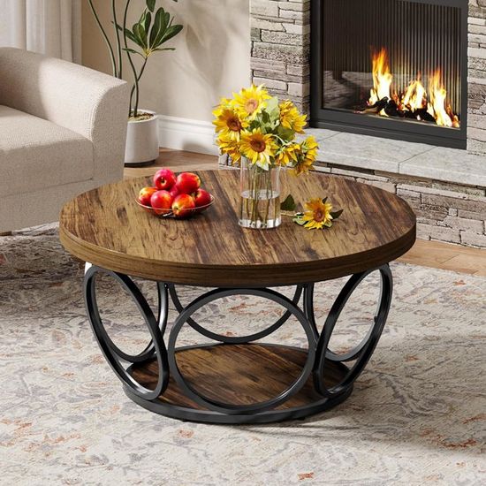 Tribesigns Table Basse Ronde 2 Niveaux, Table de Salon Bois 80 cm