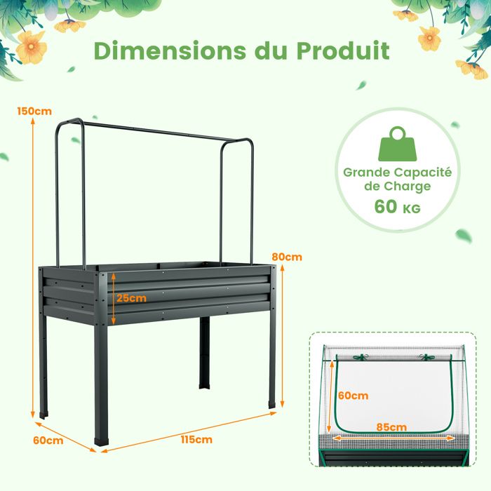 Jardinière Sur Pied Avec Treillis Métallique - 63x31x112 Cm - Bac Profond 30 Cm Pour Plantes Grimpantes - Pour Balcon, Terrasse Ou Jardin - Noir - 7