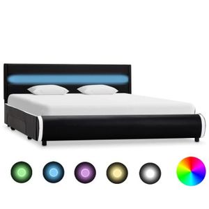 STRUCTURE DE LIT Cadre de lit avec LED Noir Similicuir 160 x 200 cm - HENGXUAN - Contemporain - Design - A lattes - Avec tiroirs