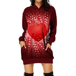 ROBE lukcolor Fashion Women Heart Print Pullover Pocket Hooded Long Sleeve Loose Dress 1PC robe Rouge