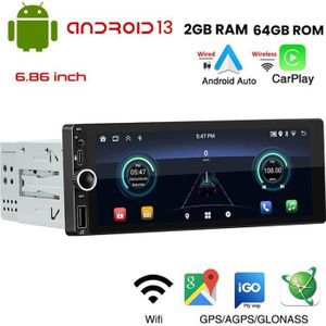 AUTORADIO Autoradio Bluetooth 1 Din CarPlay Android Auto sans fil Wifi Bluetooth mains libres GPS FM RDS USB 6.86 pouces IPS écran 2+64G A2DP