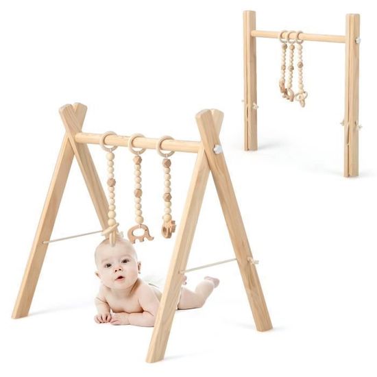 Arche D'éveil En Bois Pour Bébé - Portique Pliable Avec 3 Jouets - Gym Bébé 0-12 Mois - Chambre Nouveau-né Et Crèche