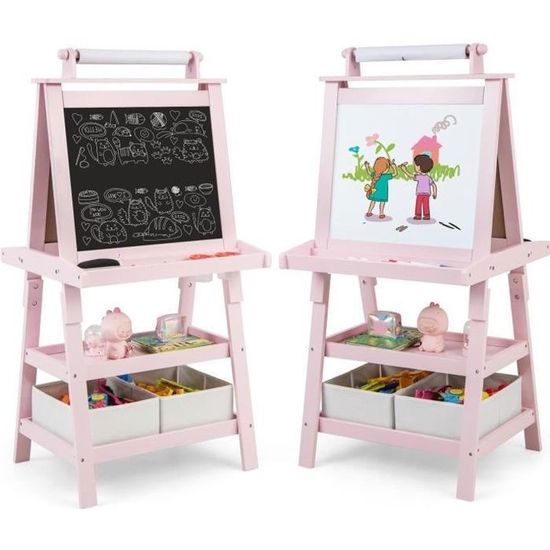 Chevalet Bois Enfant Réglable GOPLUS - Tableau Double Face Magnétique Noir Et Blanc + Papier + Accessoires - Pour 3 à 8 Ans