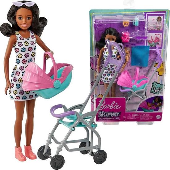 Barbie Ensemble de jeu avec poupée Skipper, poupée bébé, poussette