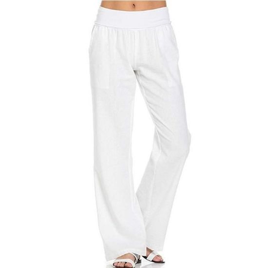 Pantalon Femme En Lin Et Coton - Taille Élastique Avec Cordon - Coupe Décontractée - Idéal Été, Plage, Loisirs - Avec Poches