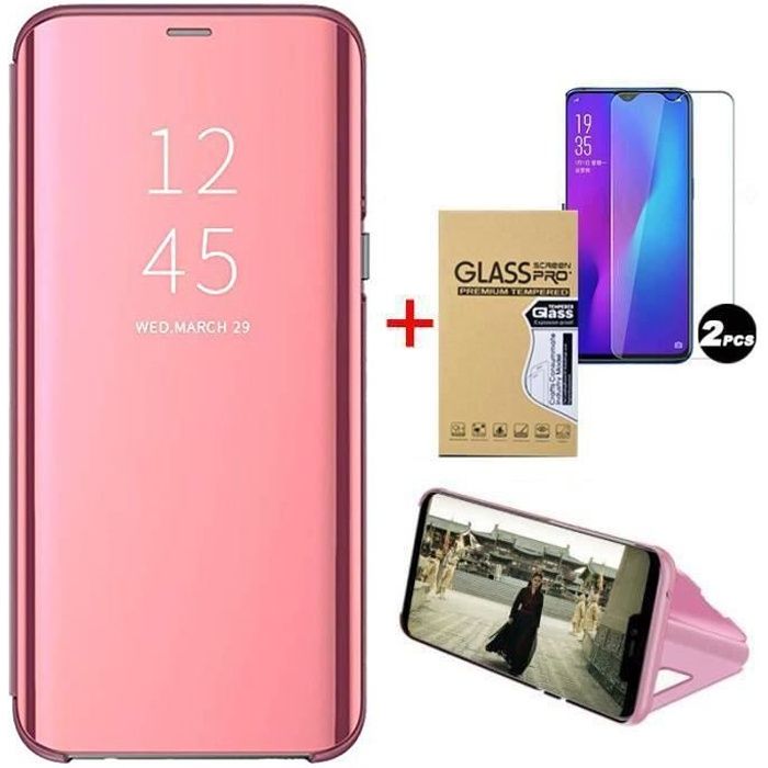 Coque Xiaomi Redmi 9A, Cuir avec 2pcs Verre Trempé et Stand Clear View Miroir Luxe Slim Protection Redmi 9A, Or rose