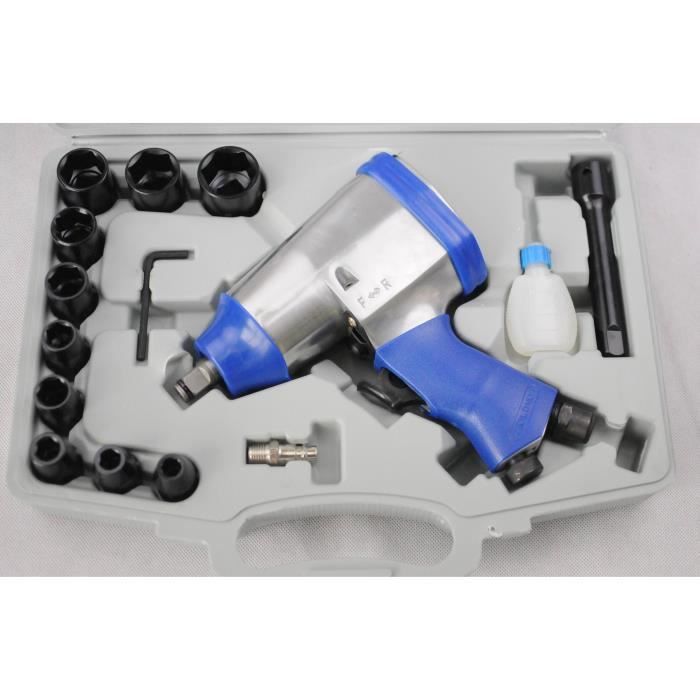 Coffret clé à choc pneumatique 1-2- + accessoiresCoffret comprenant : 10 douilles 9-10-11-13-14-17-19-22-24-27 mm1 rallonge1